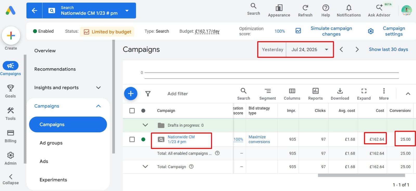 Nationwide Campaign Momentum — Google Ads dashboard, Jul 24, 2026
