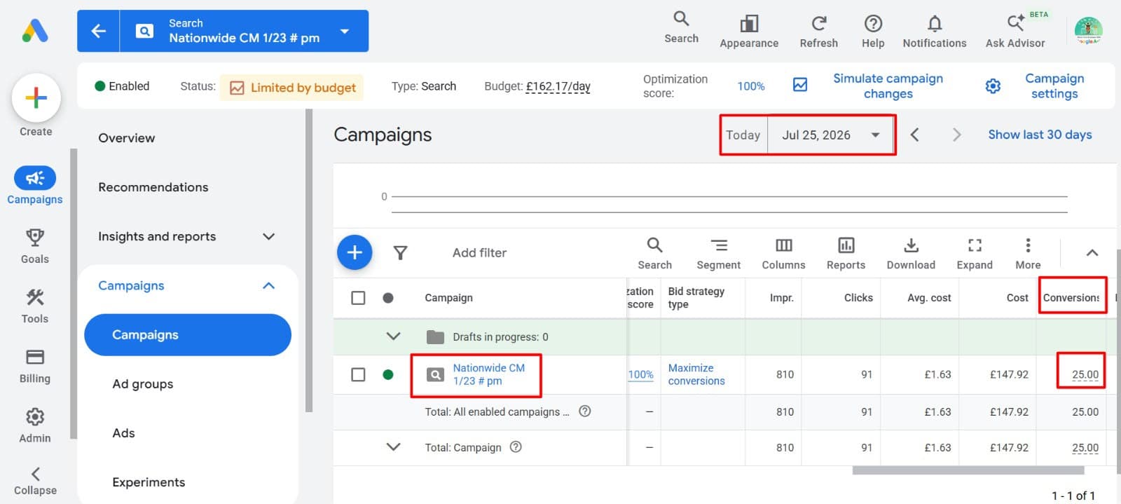 Nationwide Campaign, Day Two — Google Ads dashboard, Jul 25, 2026
